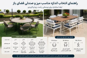 میز و صندلی استاندارد فضای باز در حیاط ویلای مدرن با چیدمان متناسب و فضای کافی برای رفتوآمد