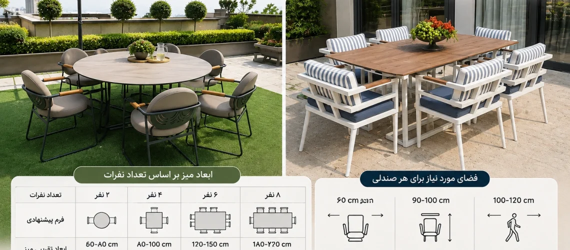 میز و صندلی استاندارد فضای باز در حیاط ویلای مدرن با چیدمان متناسب و فضای کافی برای رفت‌وآمد